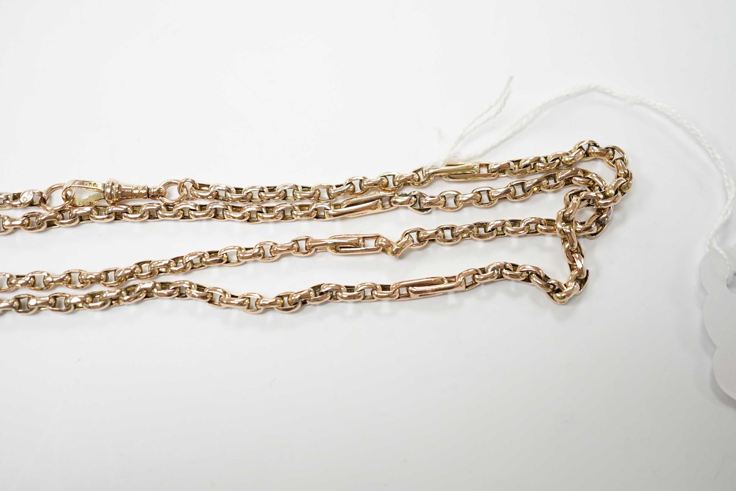 A 19th century 9ct oval link guard chain, 154cm, 40.1 grams.